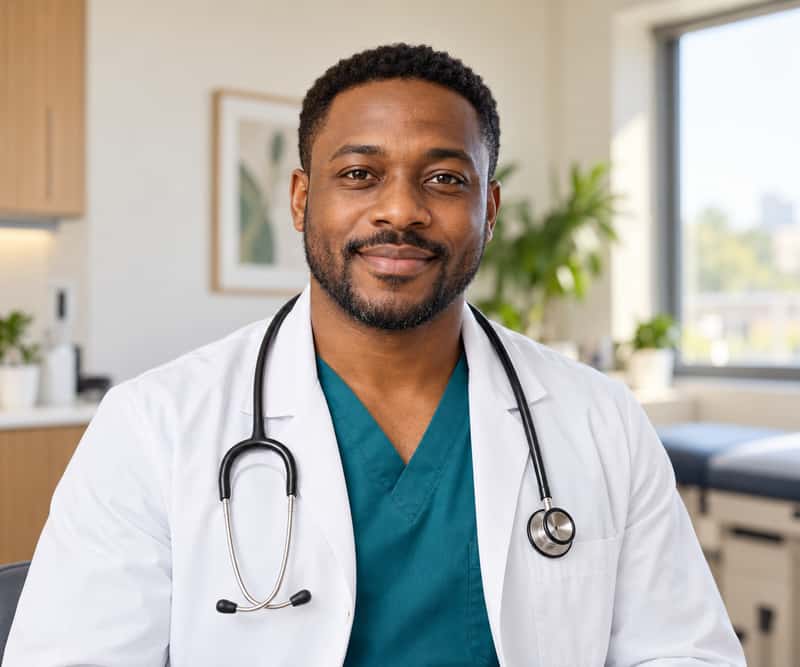A healthcare professional in a white coat
